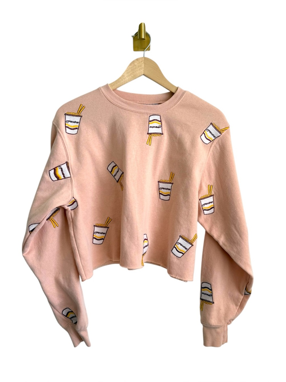 Maruchan Embroidered Ramen Cropped Sweatshirt Pink Crewneck Women's L